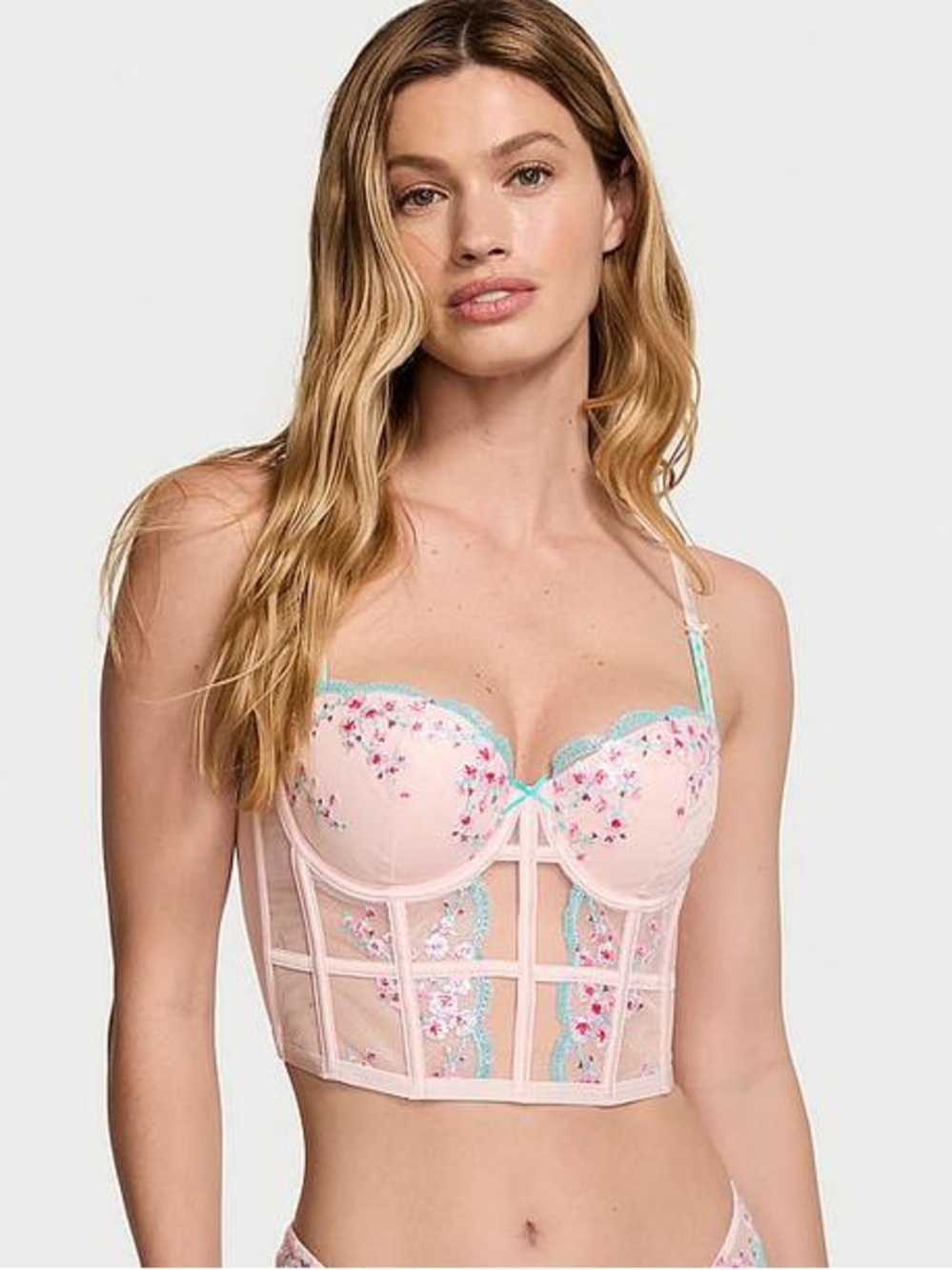 Victoria's Secret Pink Floral Lace Longline Bustier with Aqua Trim